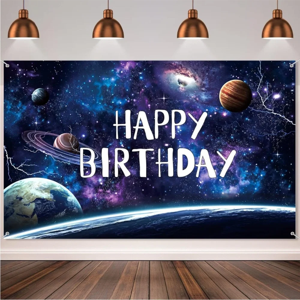 Space Galaxy Birthday Backdrop, Table Cloth & 500 Stickers Bundle
